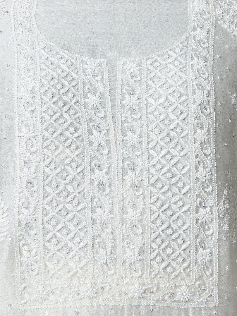 Off white chanderi unstitched kurta with dupatta with chikankari - Rakhi Apparels