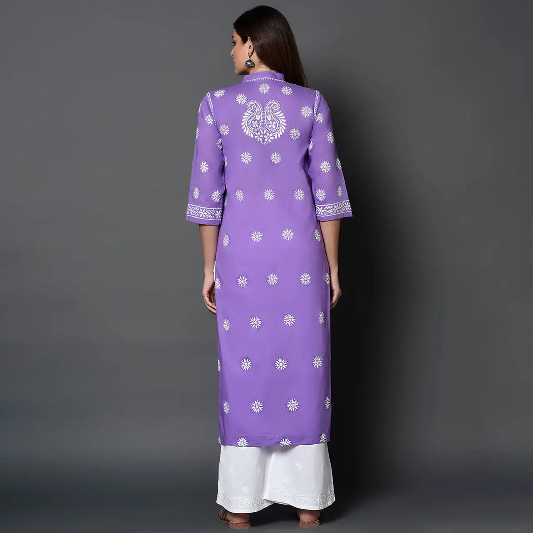 Mauve high collar front button kurta with chikankari - Rakhi Apparels