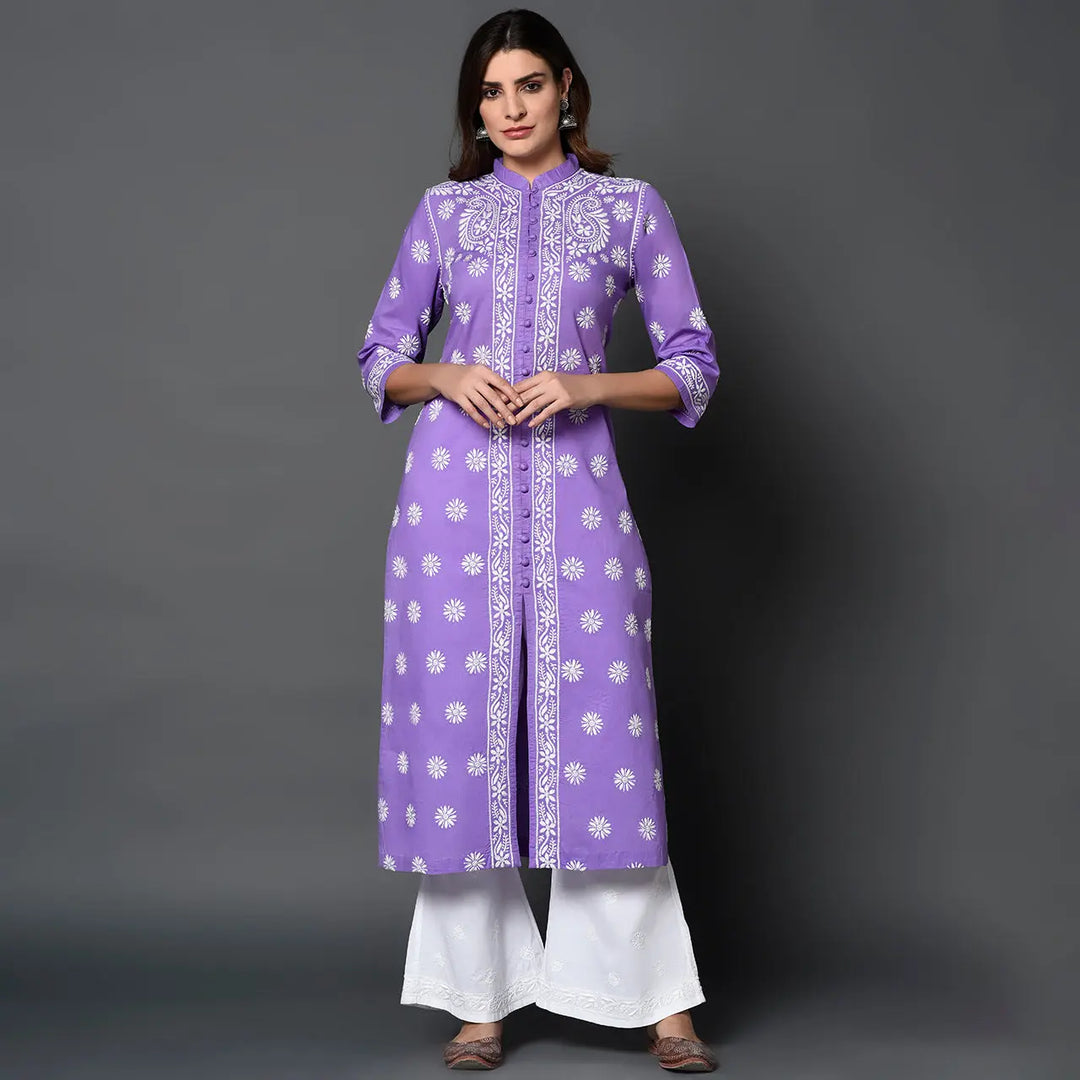 Mauve high collar front button kurta with chikankari - Rakhi Apparels