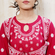 Magenta cotton anarkali with chikankari and waist coat