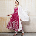 Load image into Gallery viewer, Magenta cotton anarkali with chikankari and waist coat
