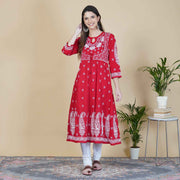 Red cotton chikankari anarkali with waist coat design