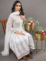 Load image into Gallery viewer, White cotton anarkali with multi colored chikankari
