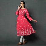 Load image into Gallery viewer, Red cotton anarkali with chikankari and waist coat design
