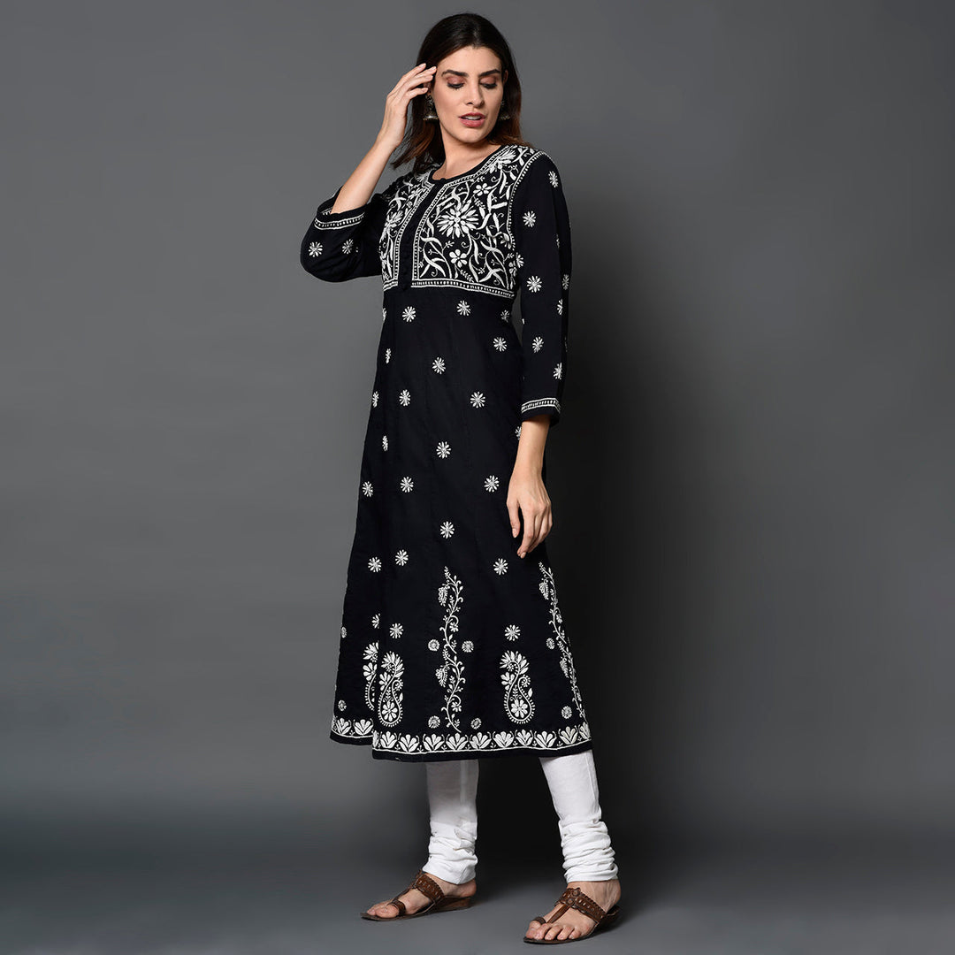 Black cotton anarkali with chikankari