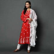 Red cotton anarkali with chikankari and waist coat design