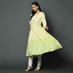 Load image into Gallery viewer, YELLOW/green tie dye cotton anarkali with chikankari
