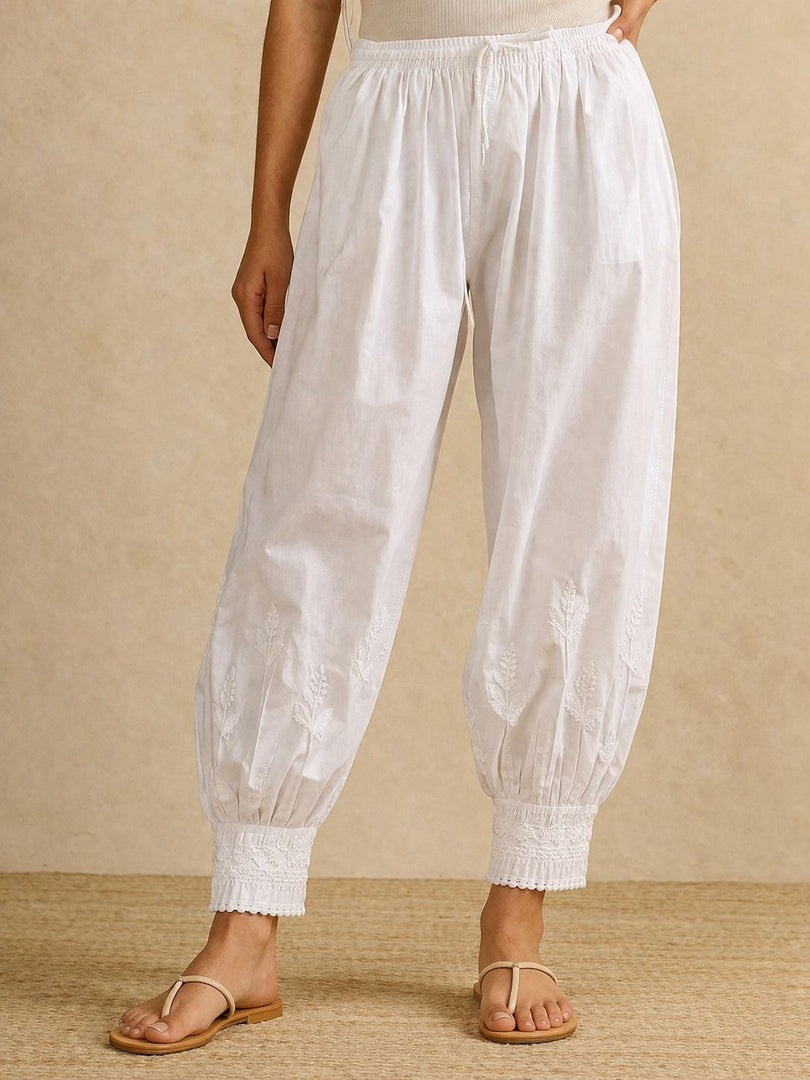 White Cotton Chikankari Afghani Pants with Lace Detail