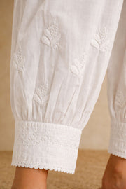 White Cotton Chikankari Afghani Pants with Lace Detail