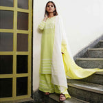 Load image into Gallery viewer, lime yellow cotton kurta with sharara/dupatta with applique work set 0f 3
