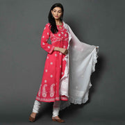 Red cotton anarkali with chikankari and waist coat design